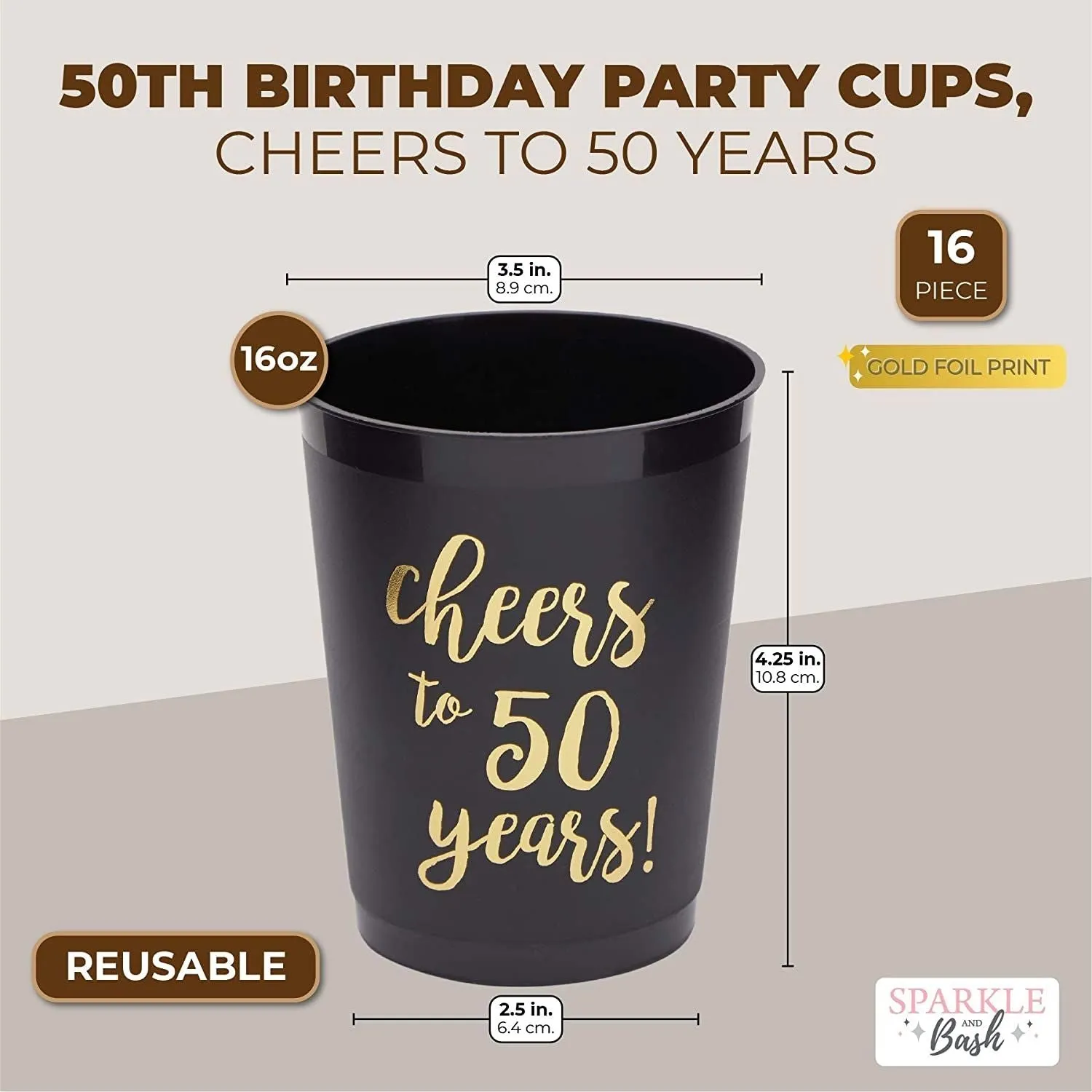 16 Pack Cheers to 50 Years Plastic Party Cups - 50th Birthday Decorations for Men and Women, Anniversaries (Black, 16 oz)