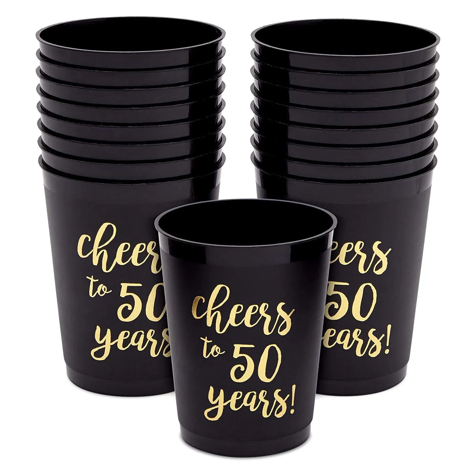 16 Pack Cheers to 50 Years Plastic Party Cups - 50th Birthday Decorations for Men and Women, Anniversaries (Black, 16 oz)