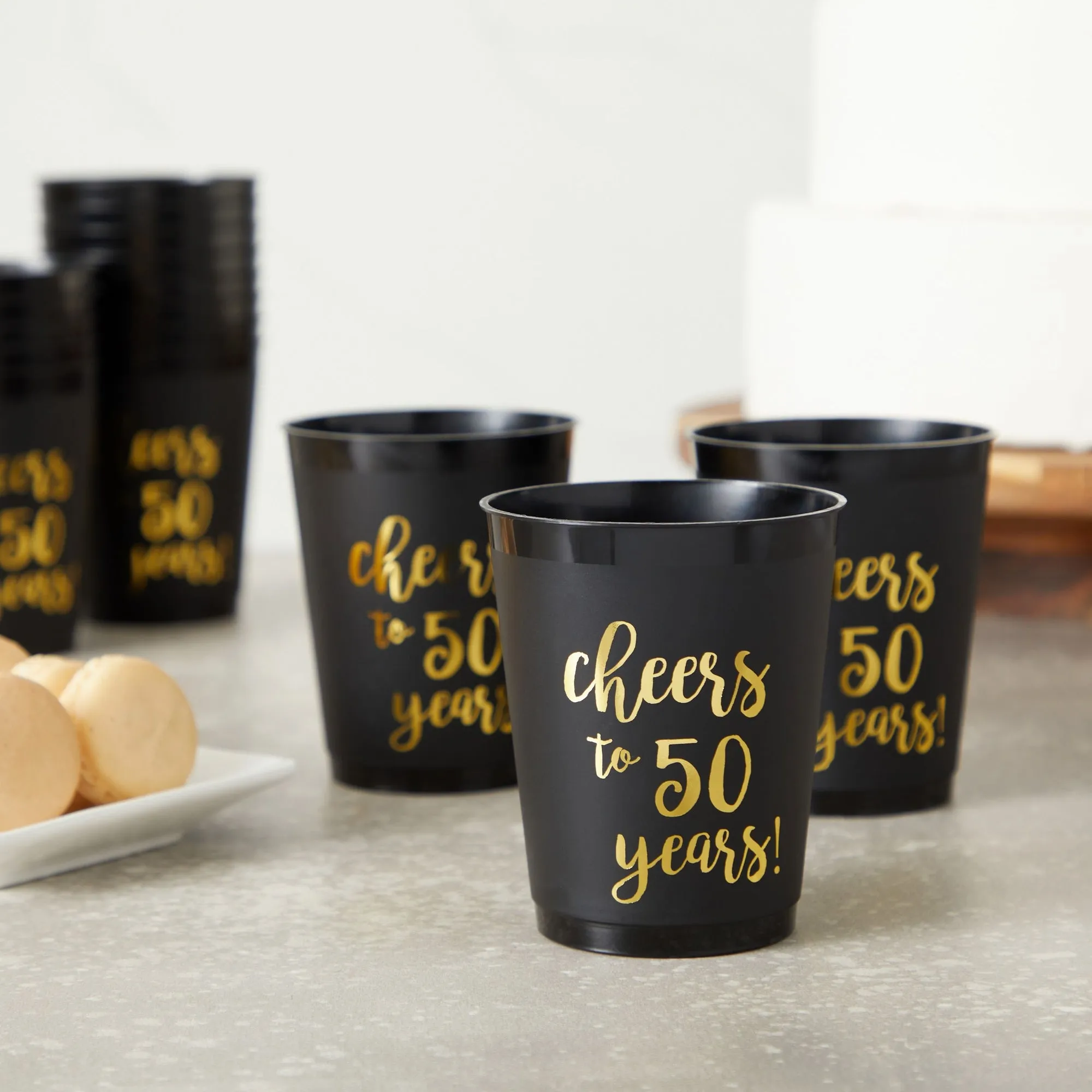 16 Pack Cheers to 50 Years Plastic Party Cups - 50th Birthday Decorations for Men and Women, Anniversaries (Black, 16 oz)