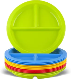 3 - Compartment Divided Plates for Kids - Set of 12 Plastic Children Trays for Eating with Dividers - 4 Bright Colors (3 of Each Color) Dishwasher Microwave Safe BPA Free for Toddler and Kids