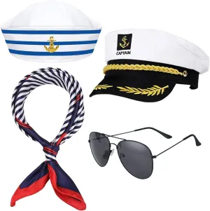 4Pcs Yacht Captain Sailor Costume Set IncludeHat Sailor Cap Sunglasses and Scarf for Adults Halloween Party Dress Up