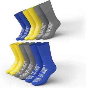 Anti-Slip Hospital Socks Assorted Colors Knit Grip Socks with Elastic Cuff | X-Large | Bariatric (Yellow, Blue, and Gray) 6 Pairs of Grippy Socks