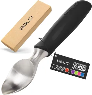BALCI Ice Cream Scoop - Heavy Duty Stainless Steel Icecream Scooper With Non-Slip Rubber Grip - Professional Metal Ice-Cream Spade - Dishwasher Safe  Black