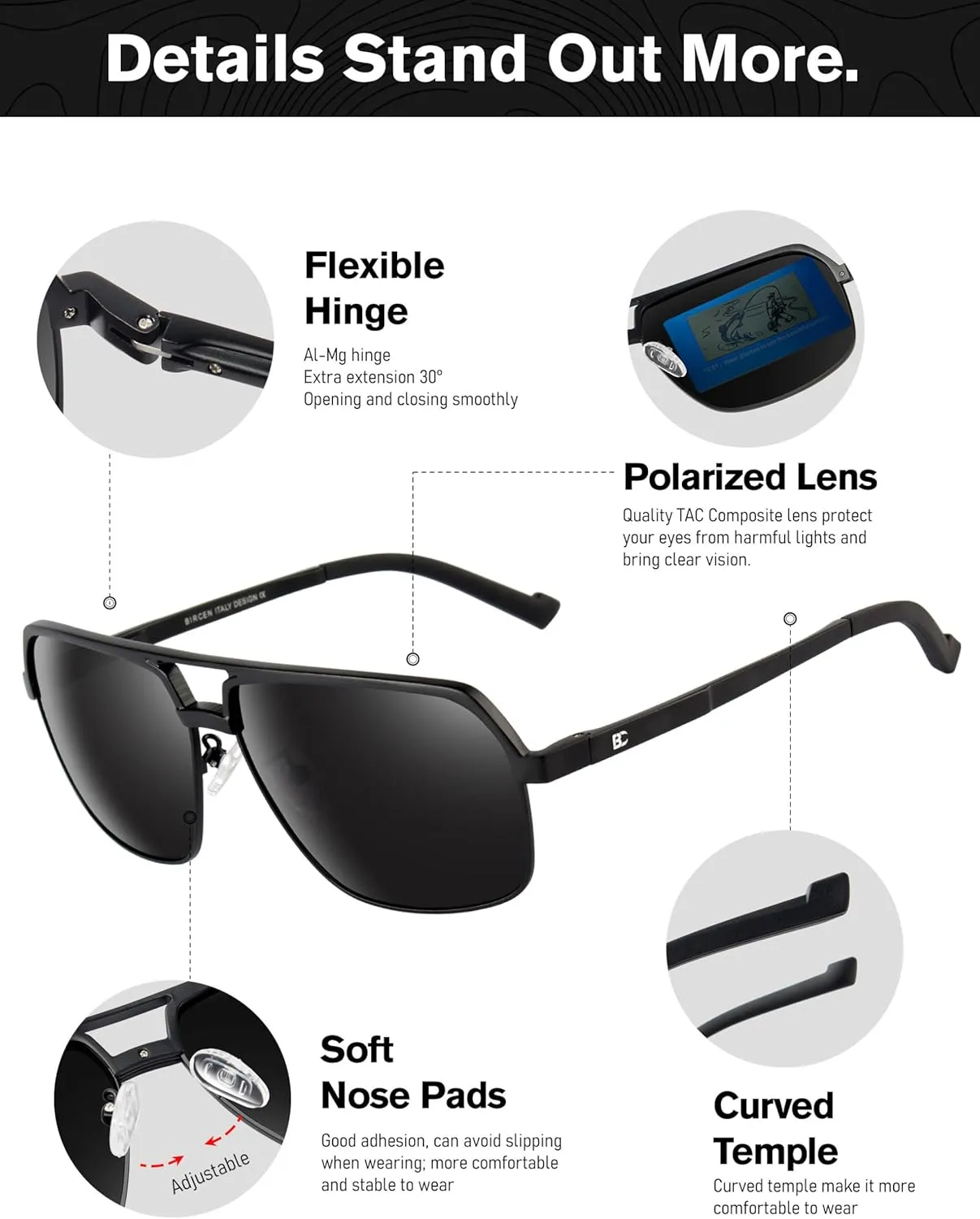 BIRCEN Polarized Sunglasses for Men - UV Protection Metal Square Trendy Shades with Classic Retro Style