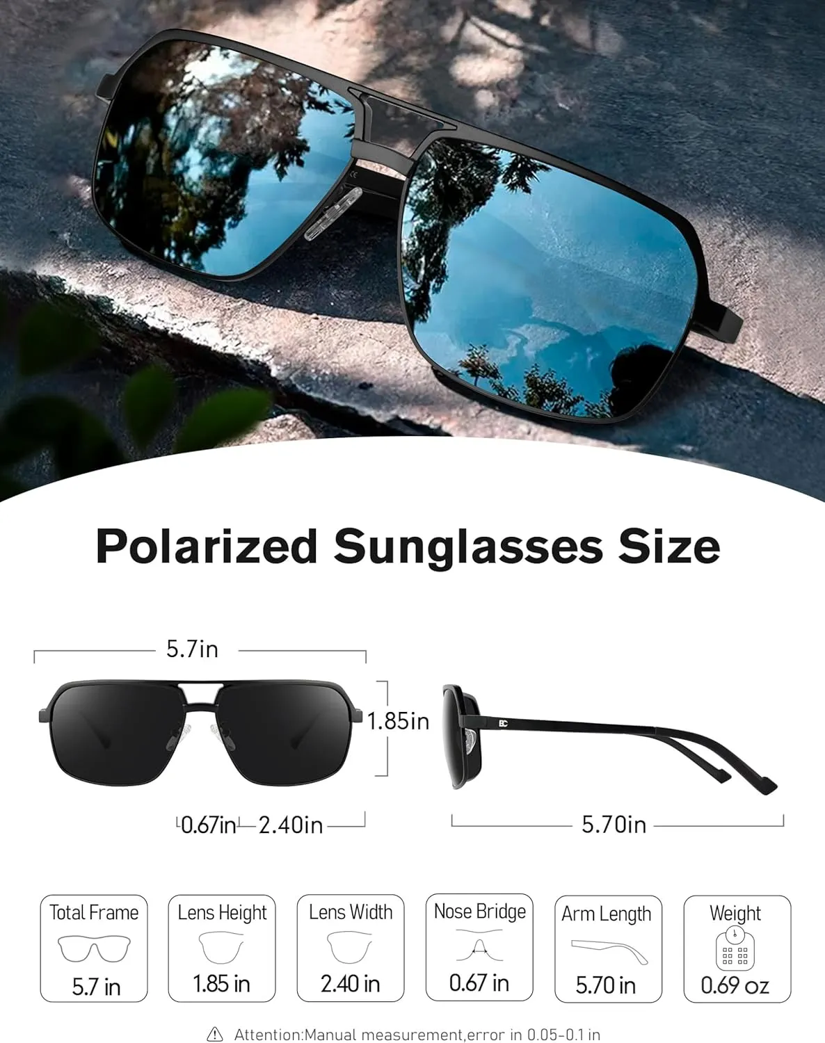 BIRCEN Polarized Sunglasses for Men - UV Protection Metal Square Trendy Shades with Classic Retro Style