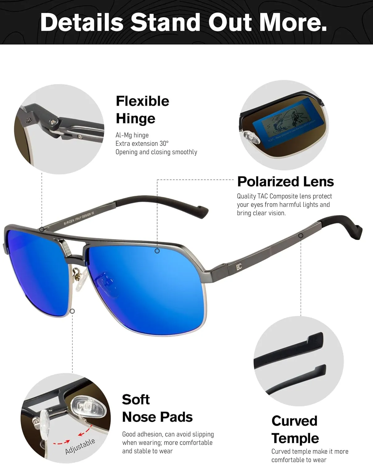 BIRCEN Polarized Sunglasses for Men - UV Protection Metal Square Trendy Shades with Classic Retro Style