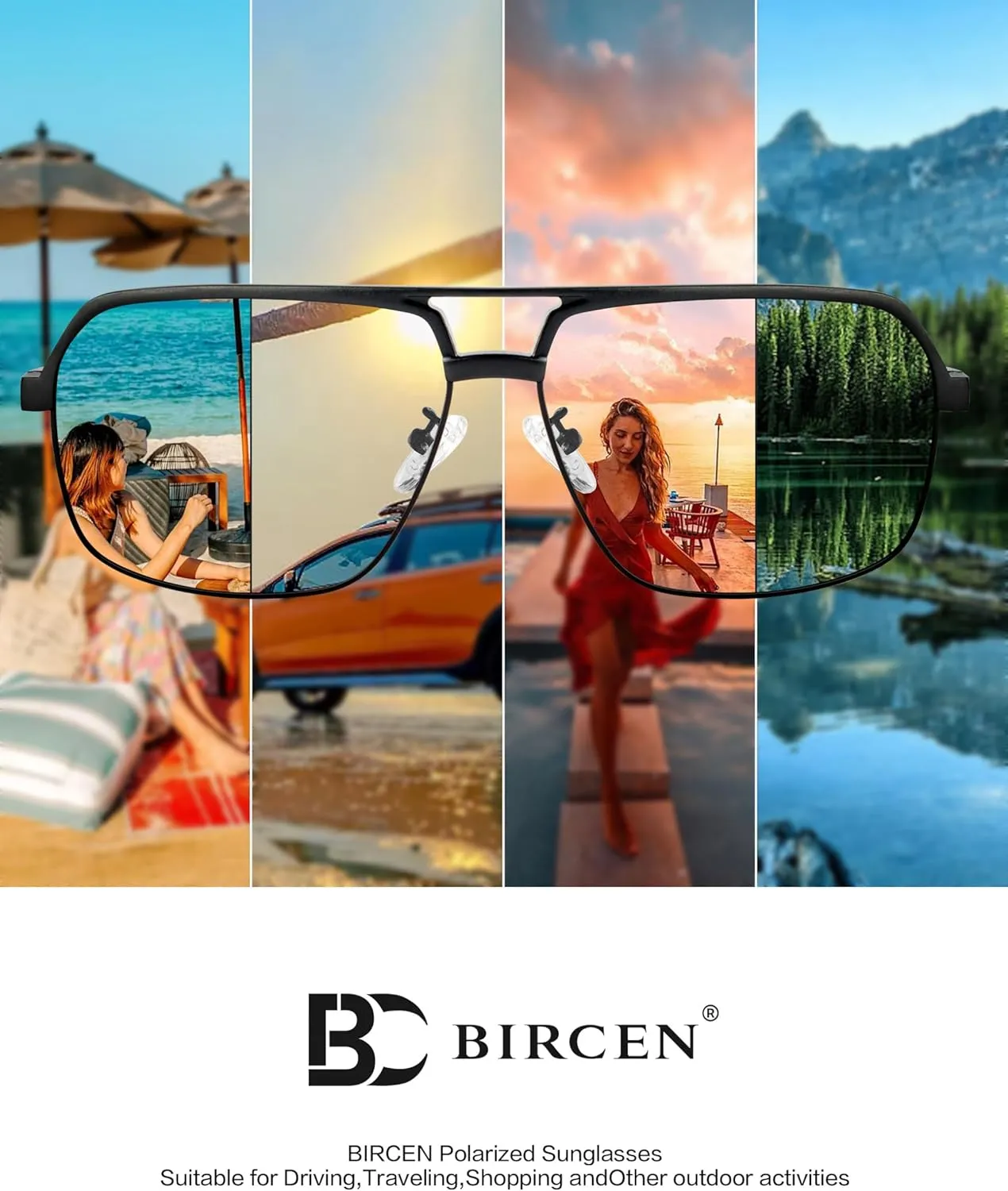 BIRCEN Polarized Sunglasses for Men - UV Protection Metal Square Trendy Shades with Classic Retro Style
