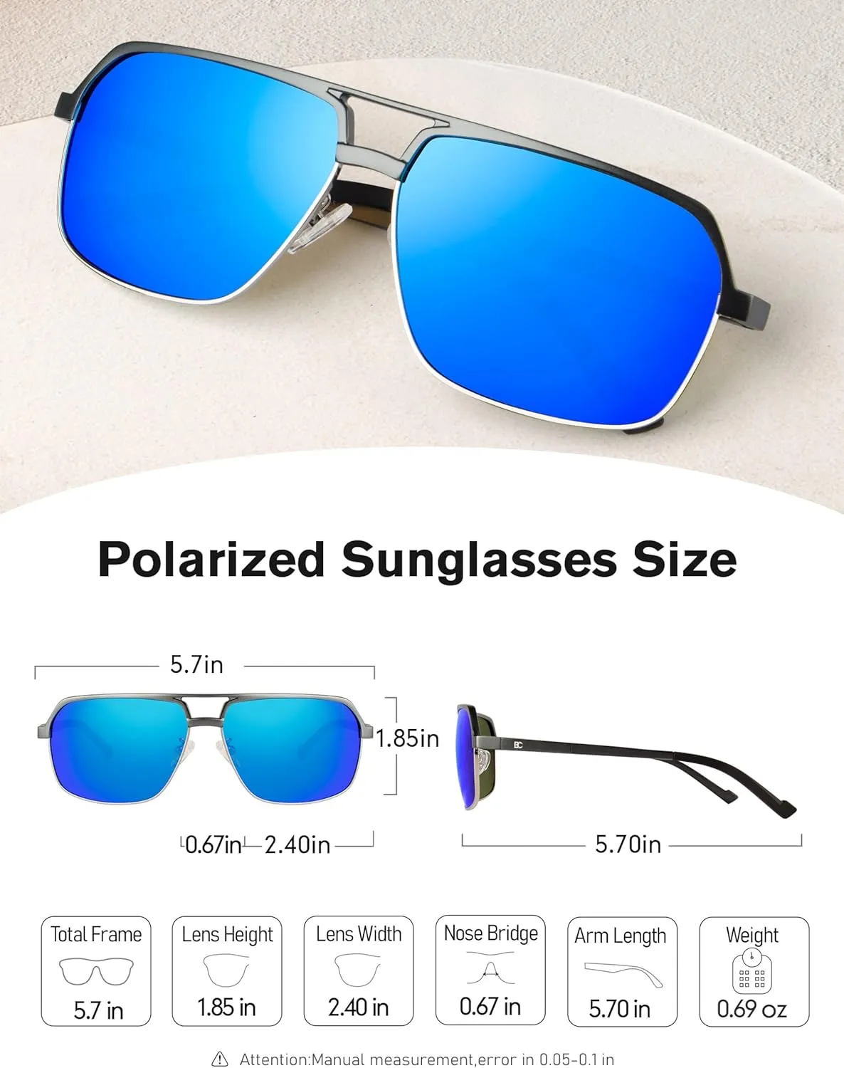 BIRCEN Polarized Sunglasses for Men - UV Protection Metal Square Trendy Shades with Classic Retro Style