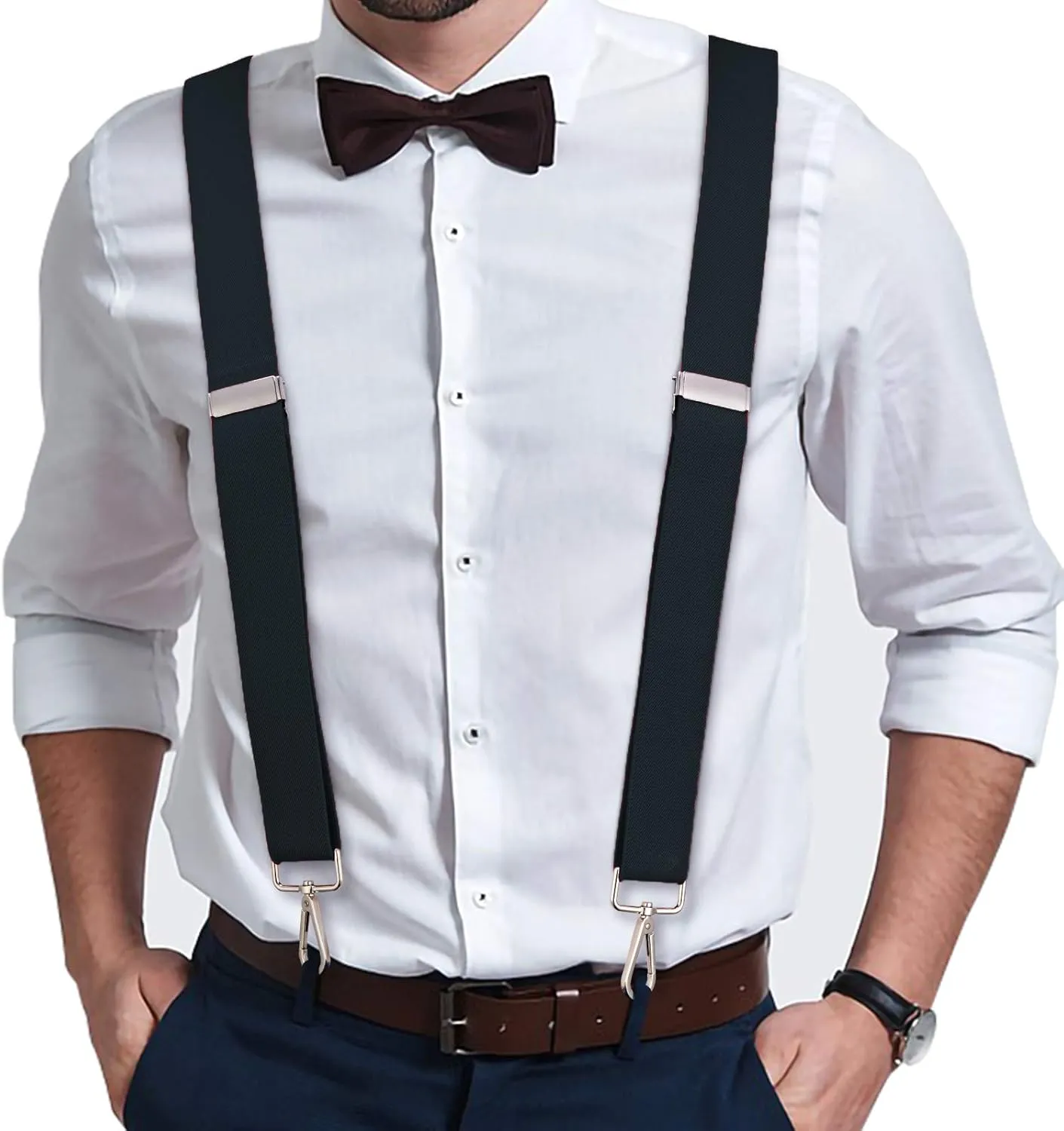 Buyless Fashion Suspenders for Men - 48" Elastic Adjustable Straps 1 1/4" - X Back with Metal Hooks
