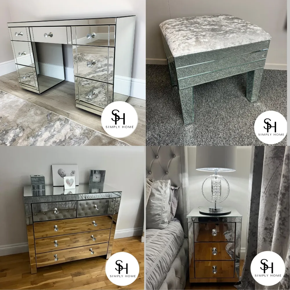 Classic Mirrored dresser & Stool, Classic Chest of Drawers and 2x Classic Bedside Table
