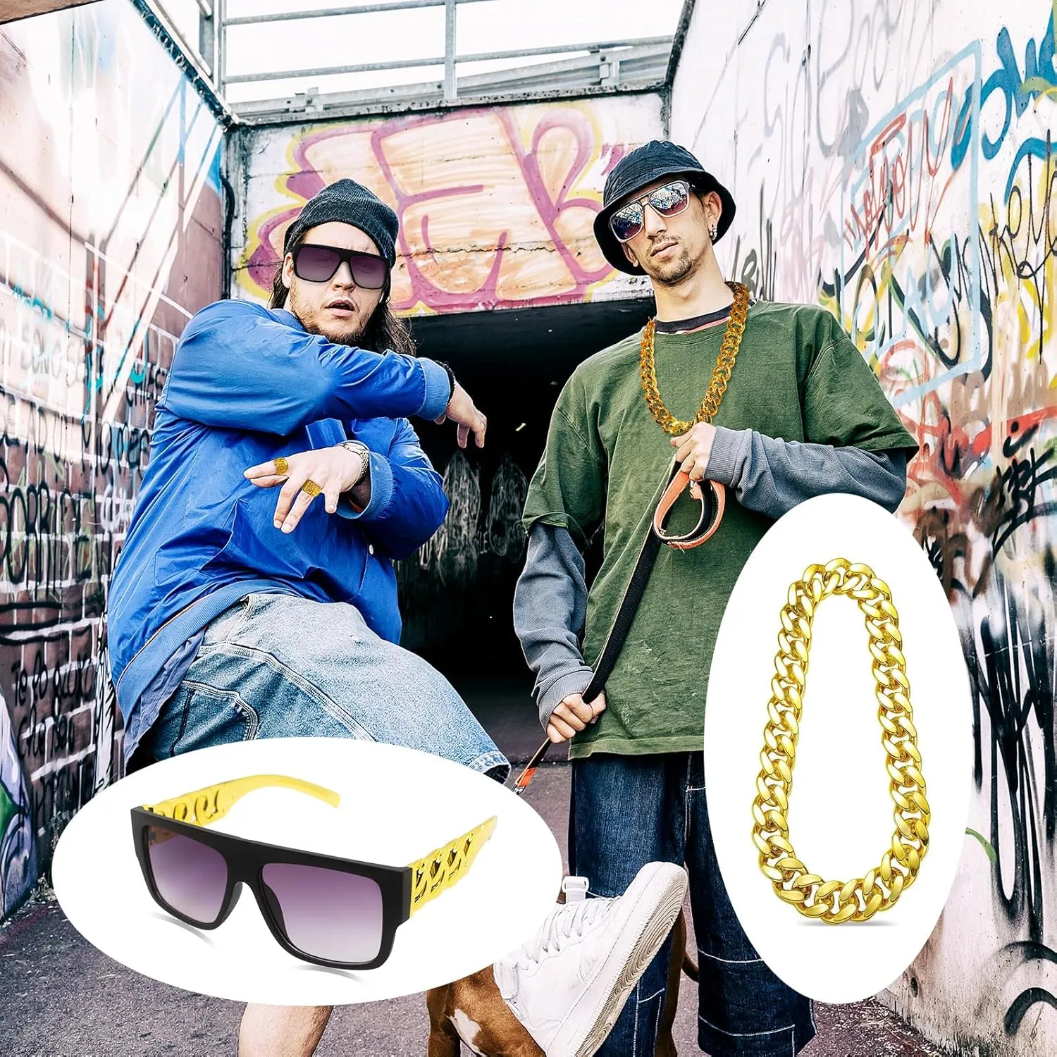 Hip Hop Costume Kit 80s 90s Rapper Accessories, Outfits for Men Women Cosplay Club Old School Themed Party Supplies