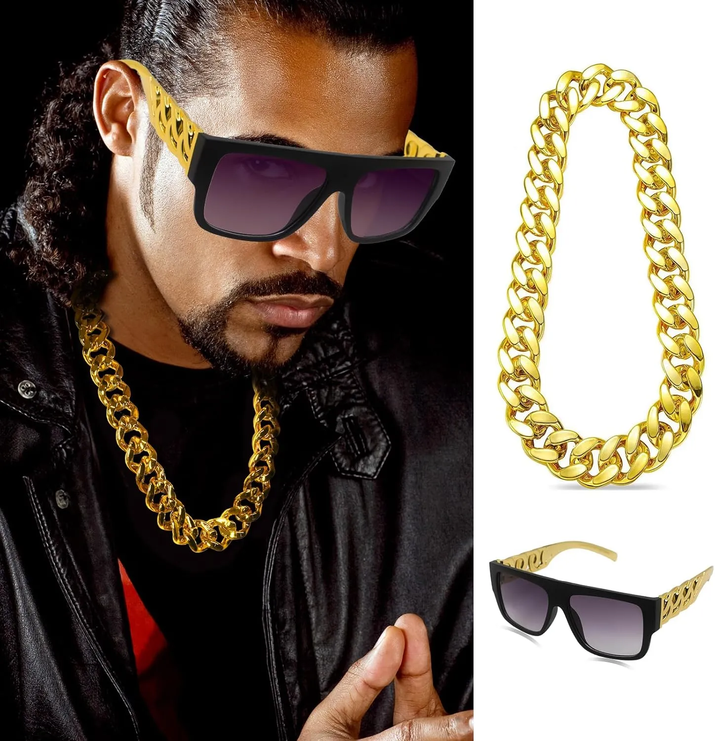 Hip Hop Costume Kit 80s 90s Rapper Accessories, Outfits for Men Women Cosplay Club Old School Themed Party Supplies