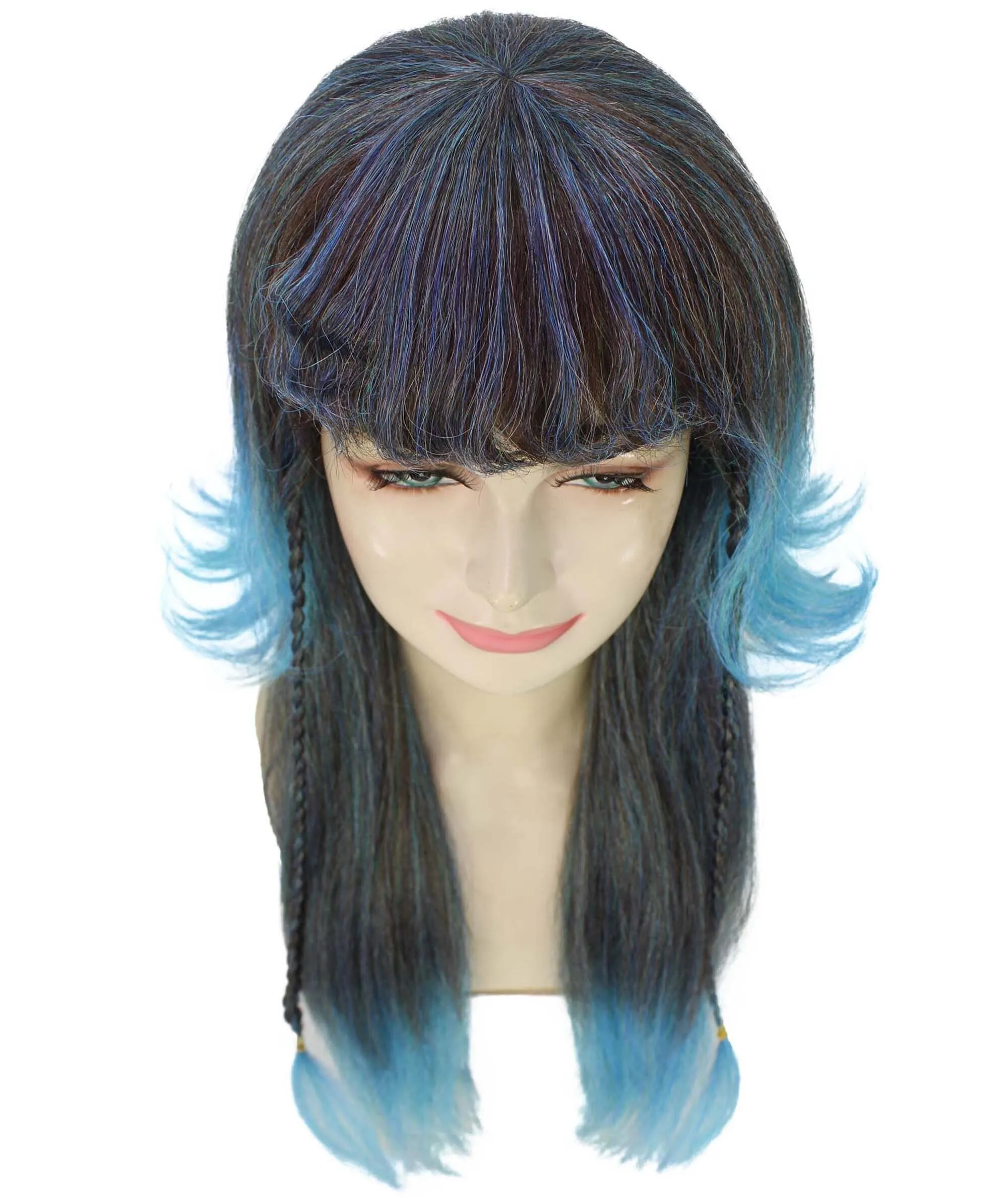 HPO Adult Women's Multicolor Long Layered Blue Gradient Wig with Bangs, Flame-retardant Synthetic Fiber