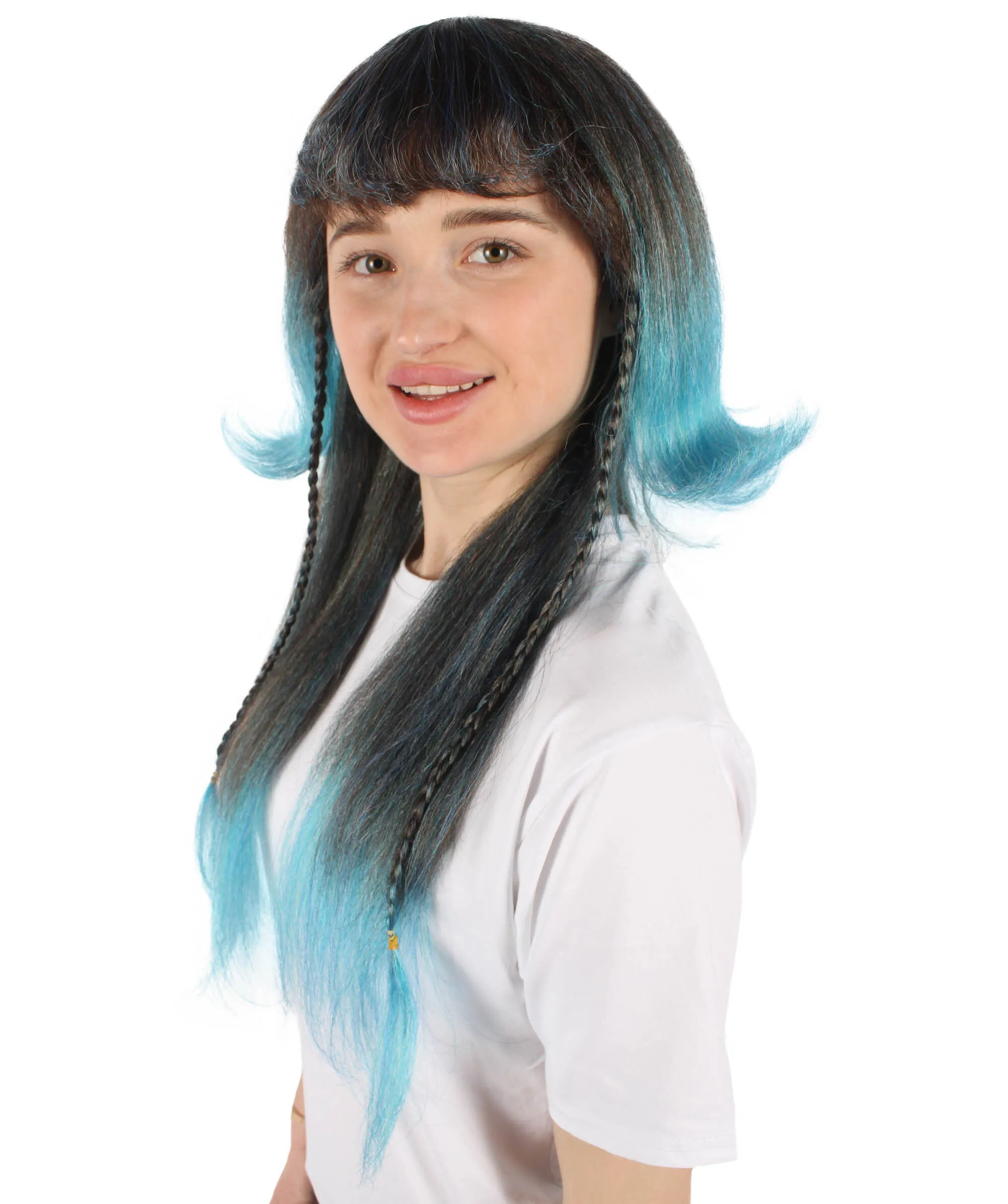 HPO Adult Women's Multicolor Long Layered Blue Gradient Wig with Bangs, Flame-retardant Synthetic Fiber