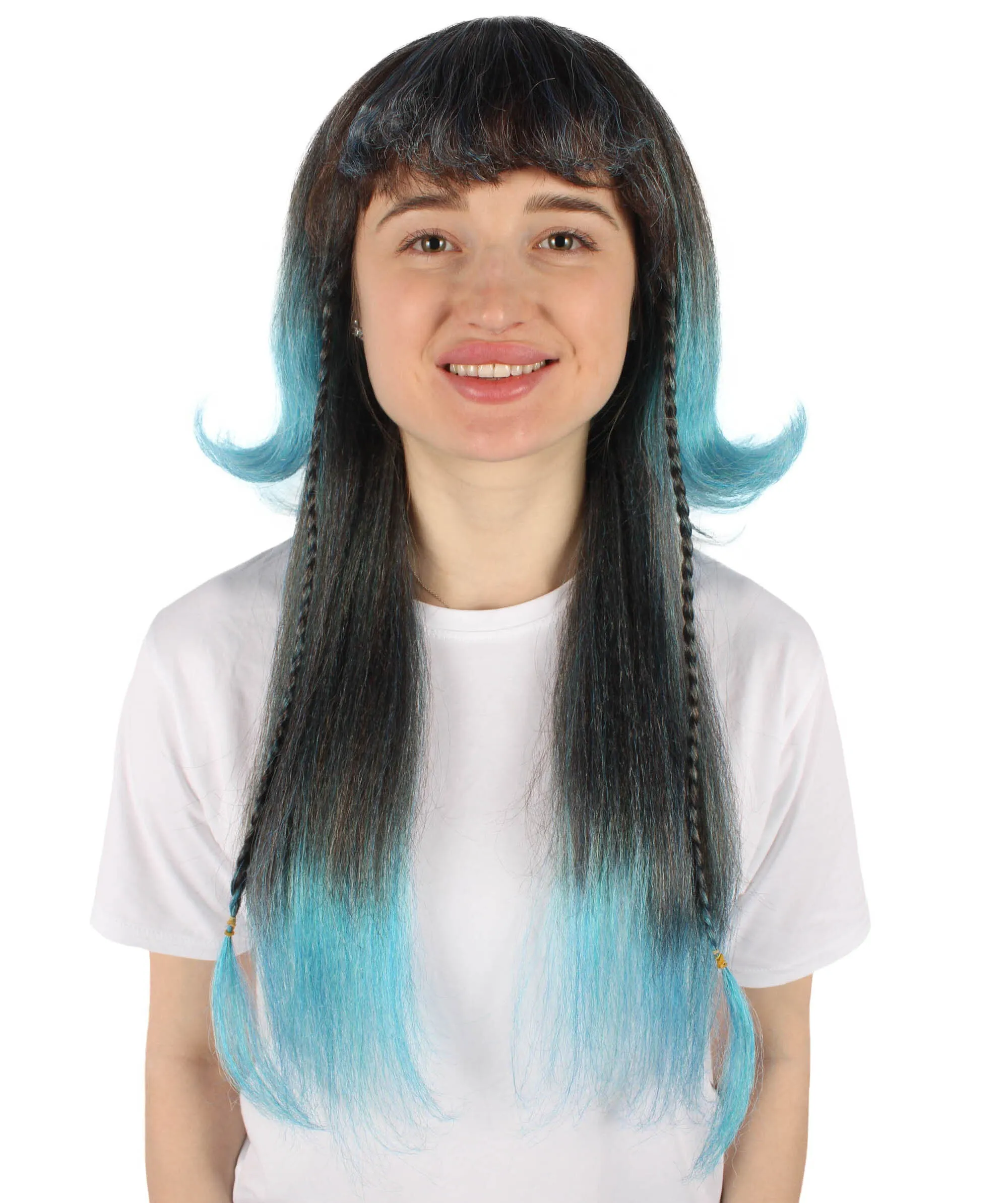 HPO Adult Women's Multicolor Long Layered Blue Gradient Wig with Bangs, Flame-retardant Synthetic Fiber