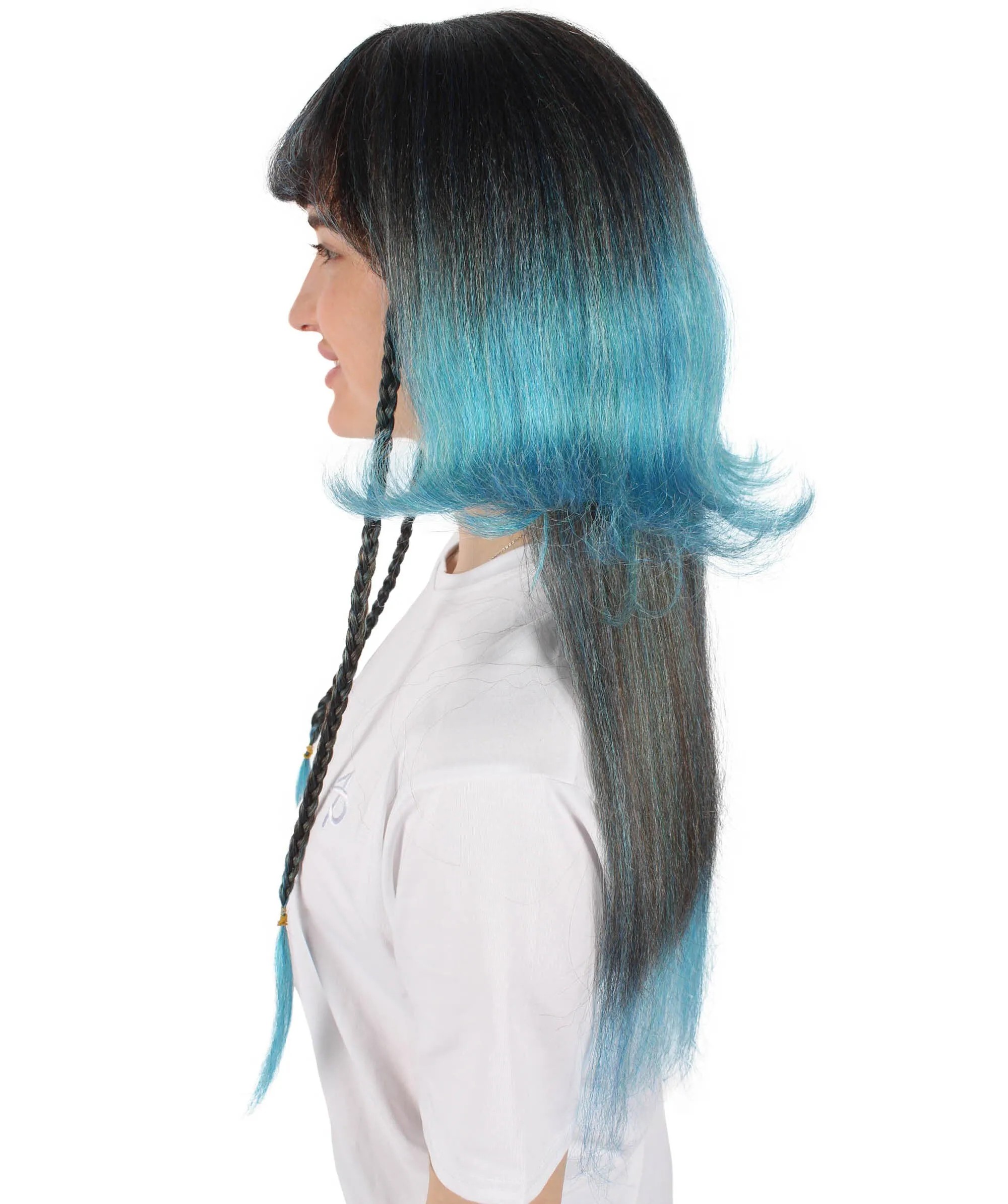 HPO Adult Women's Multicolor Long Layered Blue Gradient Wig with Bangs, Flame-retardant Synthetic Fiber