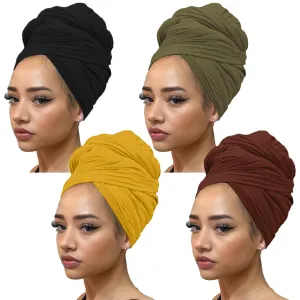Kachanaa 4 Pieces Solid Color Stretch Knit Head Wrap Extra Long African Head Scarf Breathable Turbans for Black Women