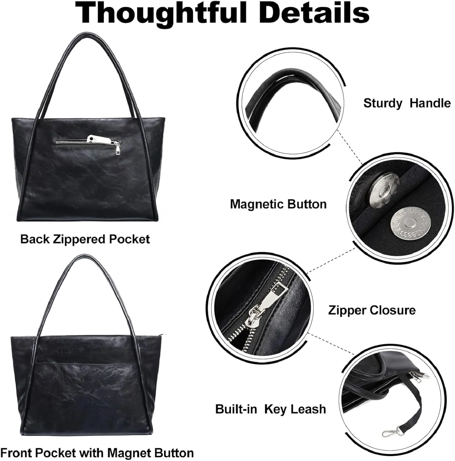 Large Tote Bag for Women Work with Zipper 16L Vegan Leather Ladies Travel Purses and Handbags