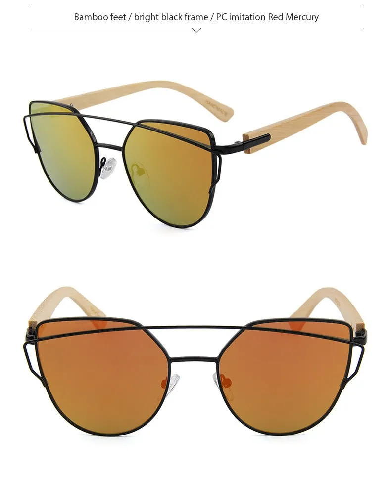 MAC169 Fashionable Cat-eye Metal Frame BamboTemple Sunglasses