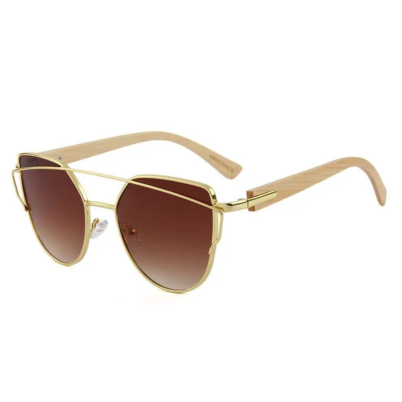 MAC169 Fashionable Cat-eye Metal Frame BamboTemple Sunglasses