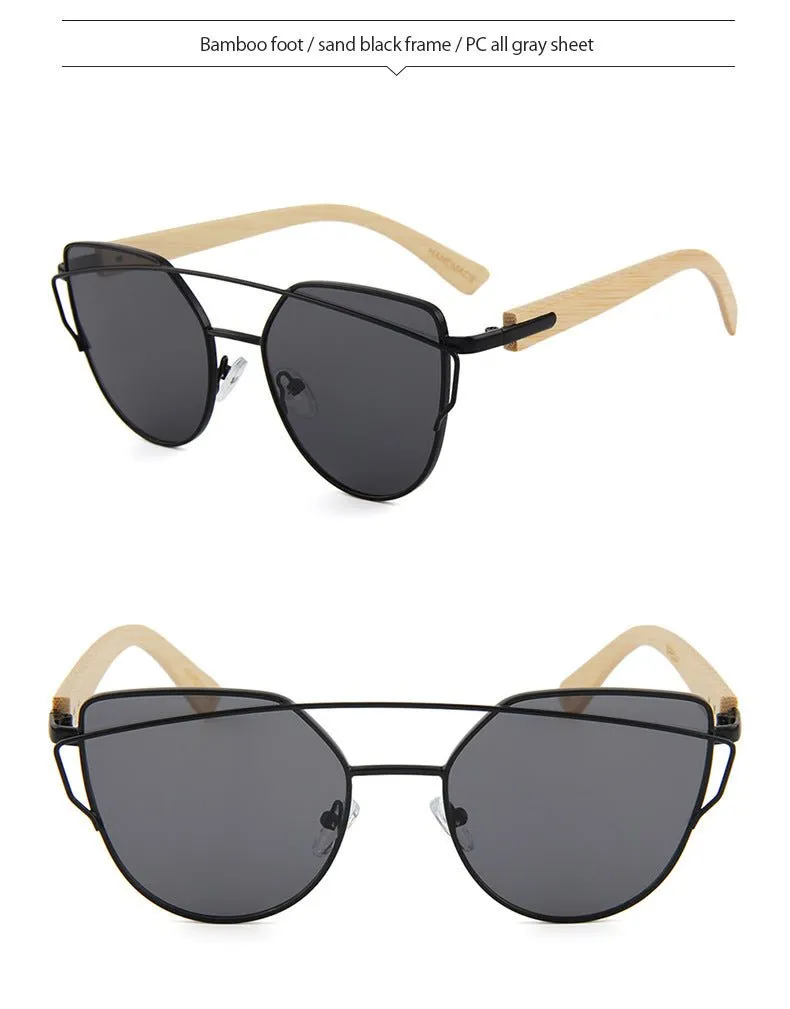 MAC169 Fashionable Cat-eye Metal Frame BamboTemple Sunglasses