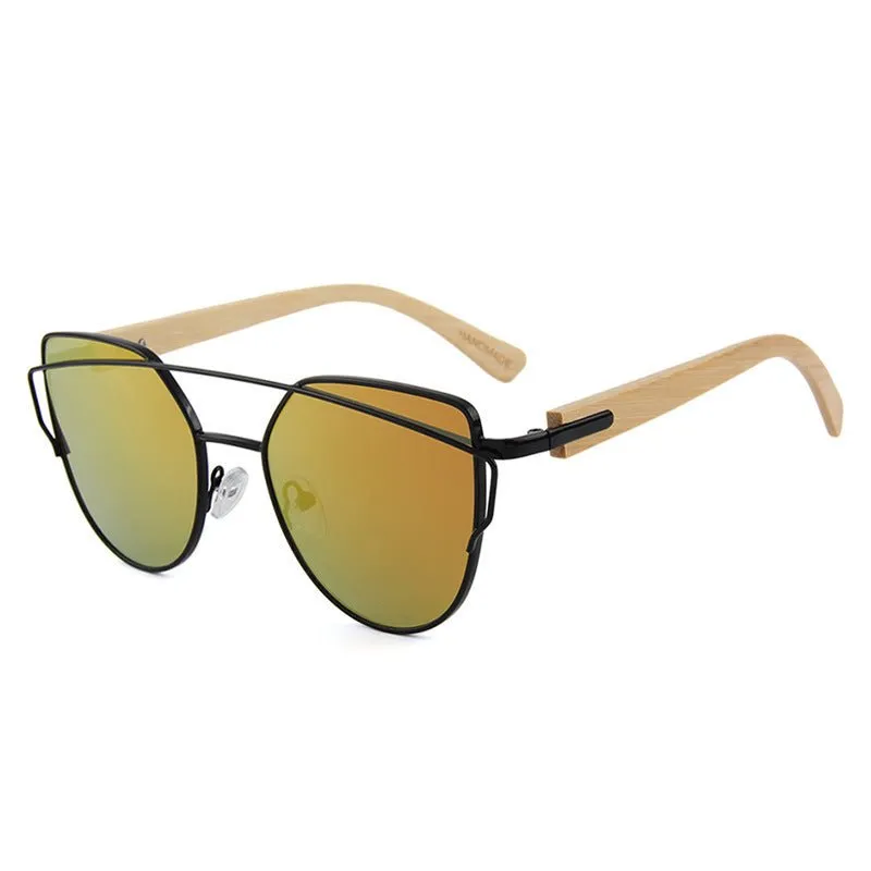 MAC169 Fashionable Cat-eye Metal Frame BamboTemple Sunglasses