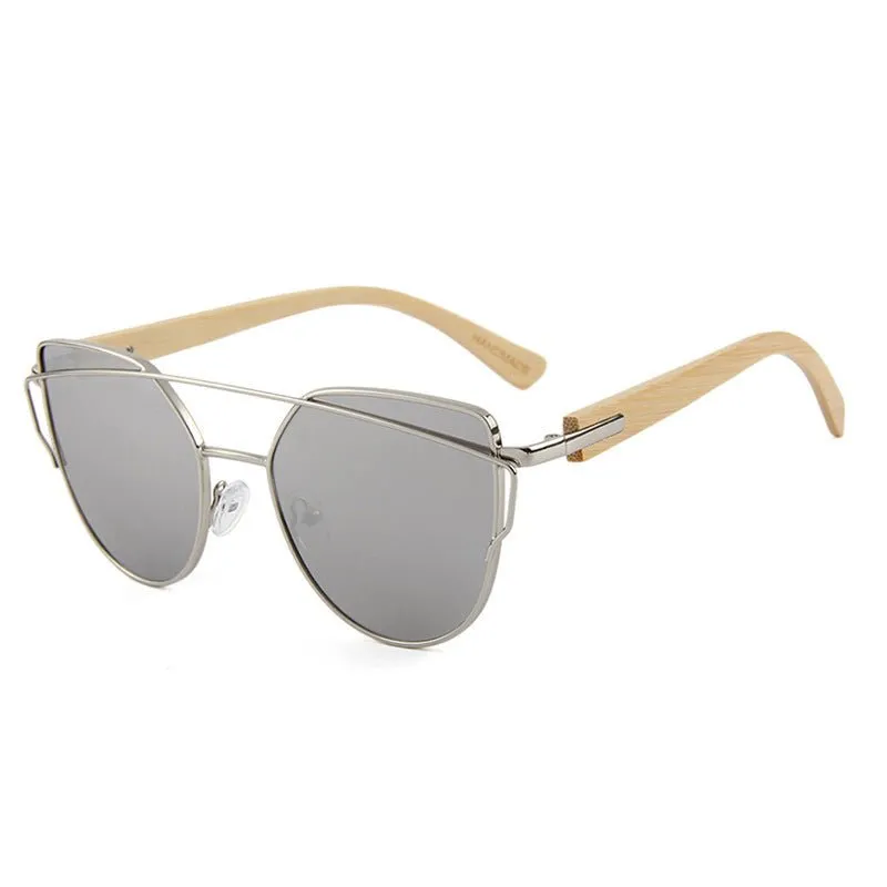 MAC169 Fashionable Cat-eye Metal Frame BamboTemple Sunglasses