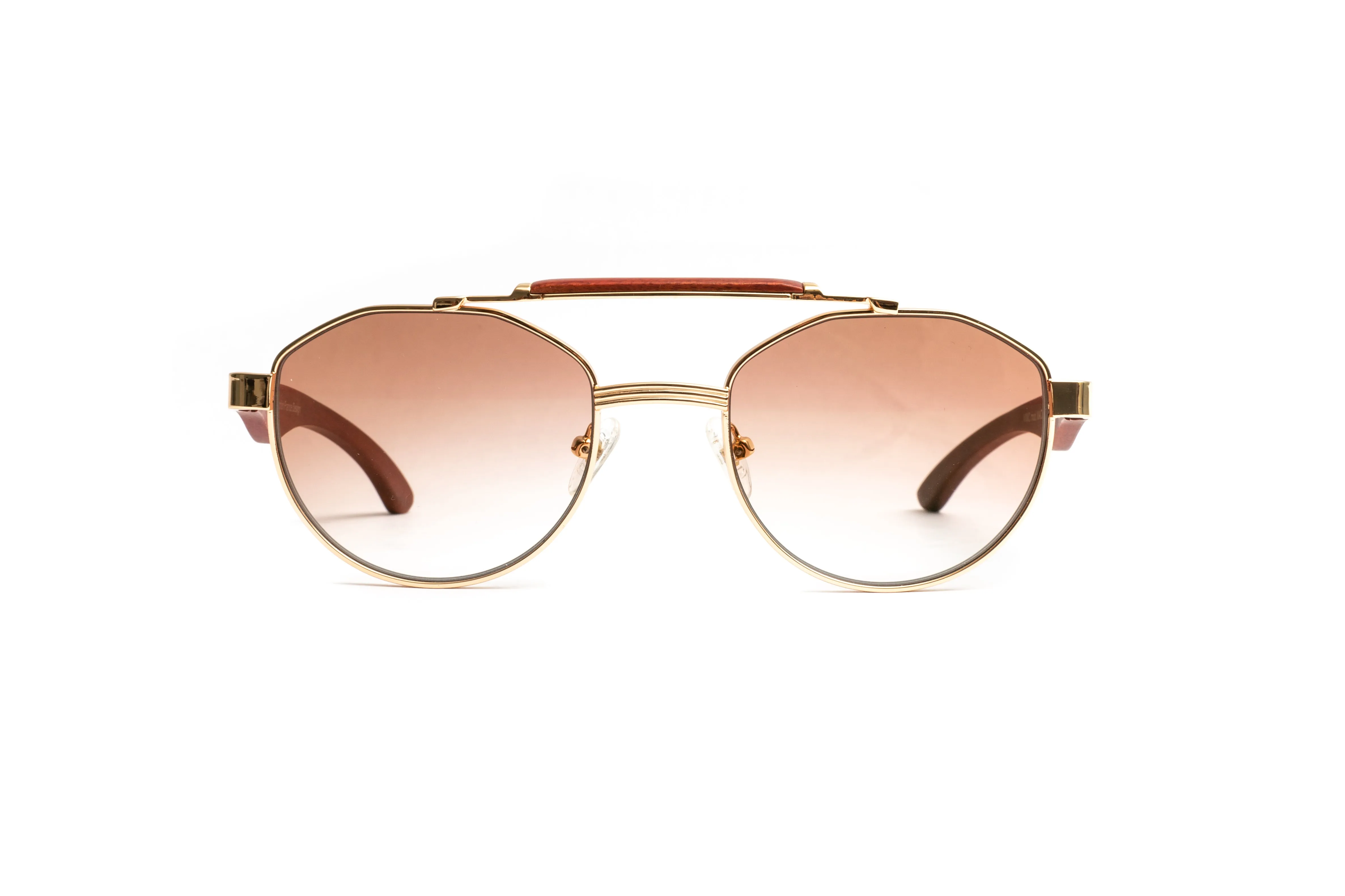 MACH 4 18KT Gold & Brown Wood Round Aviator Sunglasses, Gradient Brown Lenses