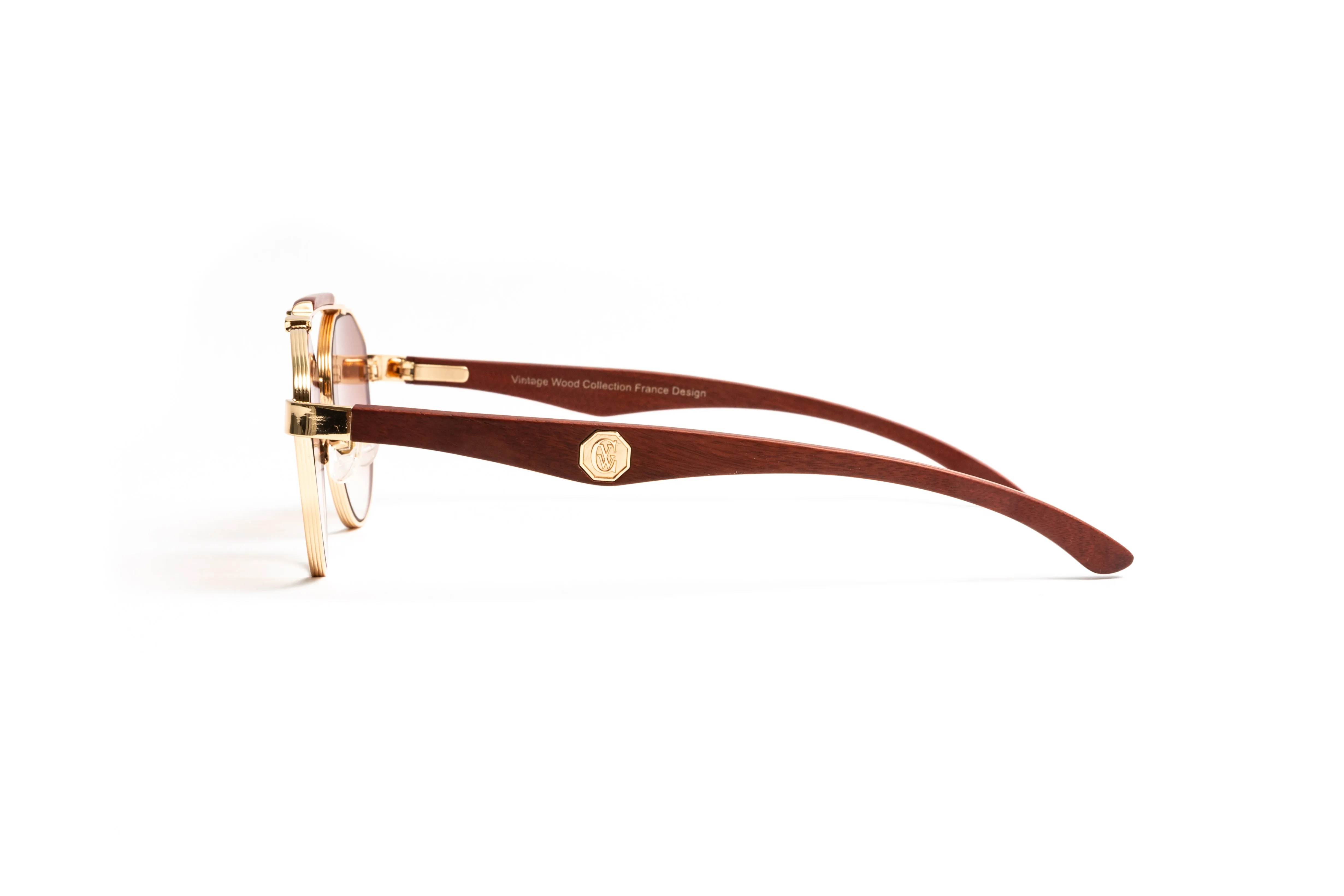 MACH 4 18KT Gold & Brown Wood Round Aviator Sunglasses, Gradient Brown Lenses