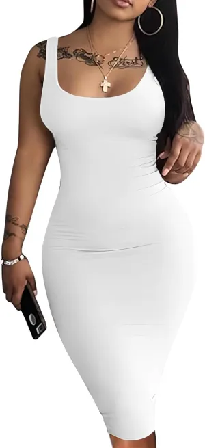 Nimsruc Women Casual Sexy Tank Top Bodycon Dress Summer Pencil Sleeveless Basic Midi Club Dresses