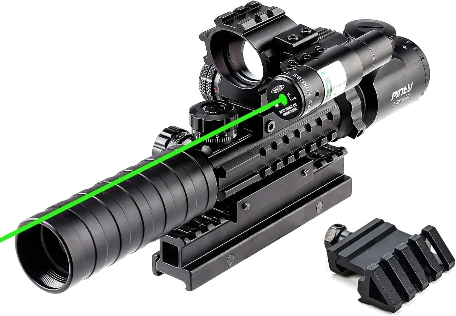 PINTY Rifle Scope Red Dot Laser Combo - 4in1 Gun Set: 3-9x32 Illuminated Hunting Scope, Green or Red Dot, Red Laser Sight, Pic Riser Mount - Tactical