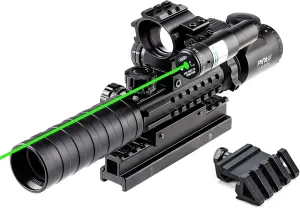 PINTY Rifle Scope Red Dot Laser Combo - 4in1 Gun Set: 3-9x32 Illuminated Hunting Scope, Green or Red Dot, Red Laser Sight, Pic Riser Mount - Tactical