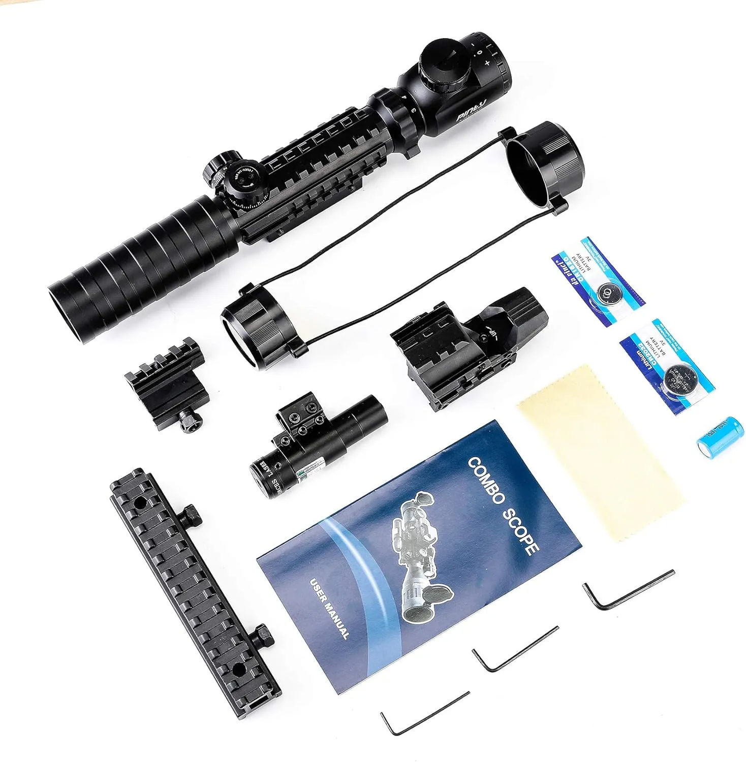 PINTY Rifle Scope Red Dot Laser Combo - 4in1 Gun Set: 3-9x32 Illuminated Hunting Scope, Green or Red Dot, Red Laser Sight, Pic Riser Mount - Tactical
