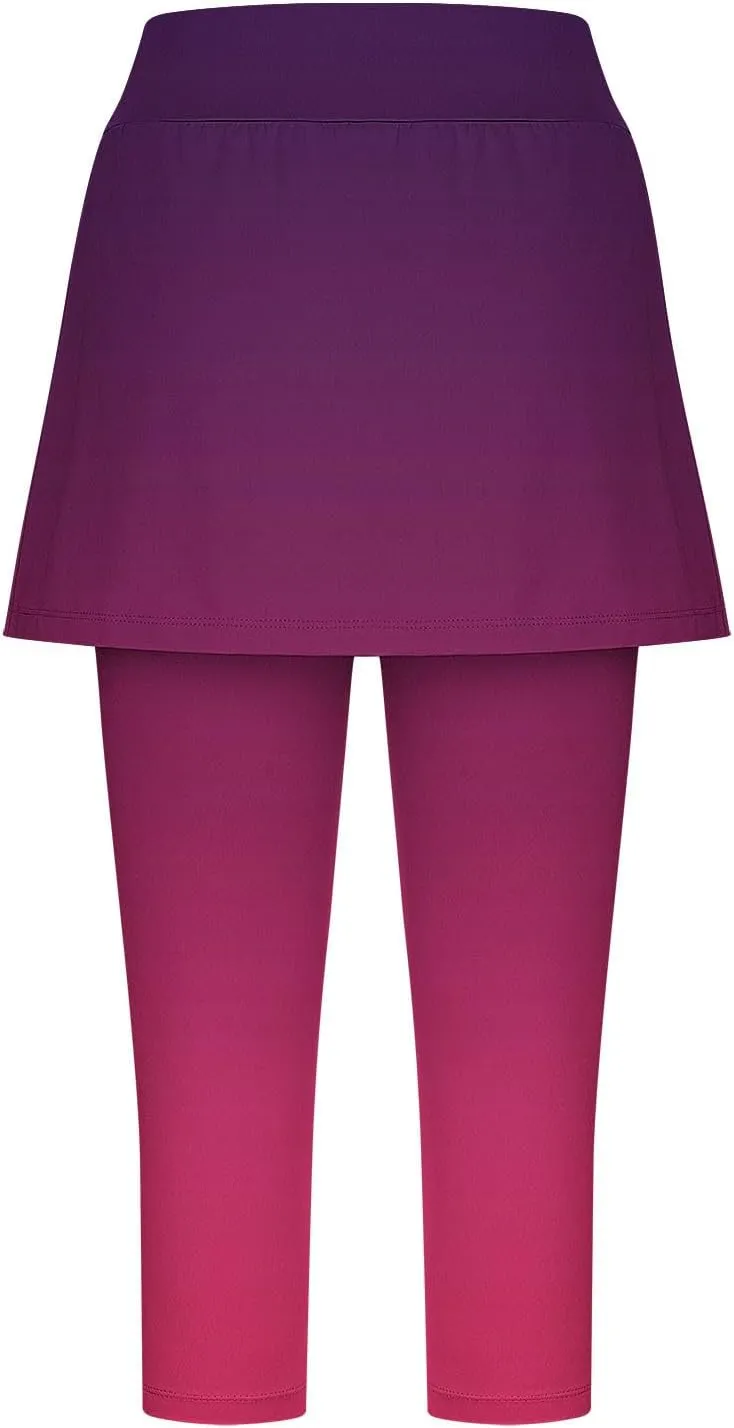 Skirted Leggings for Women Tennis Golf Skorts Capris Gym Yoga Legging with Skirts Gradient Color Workout Capri Pants