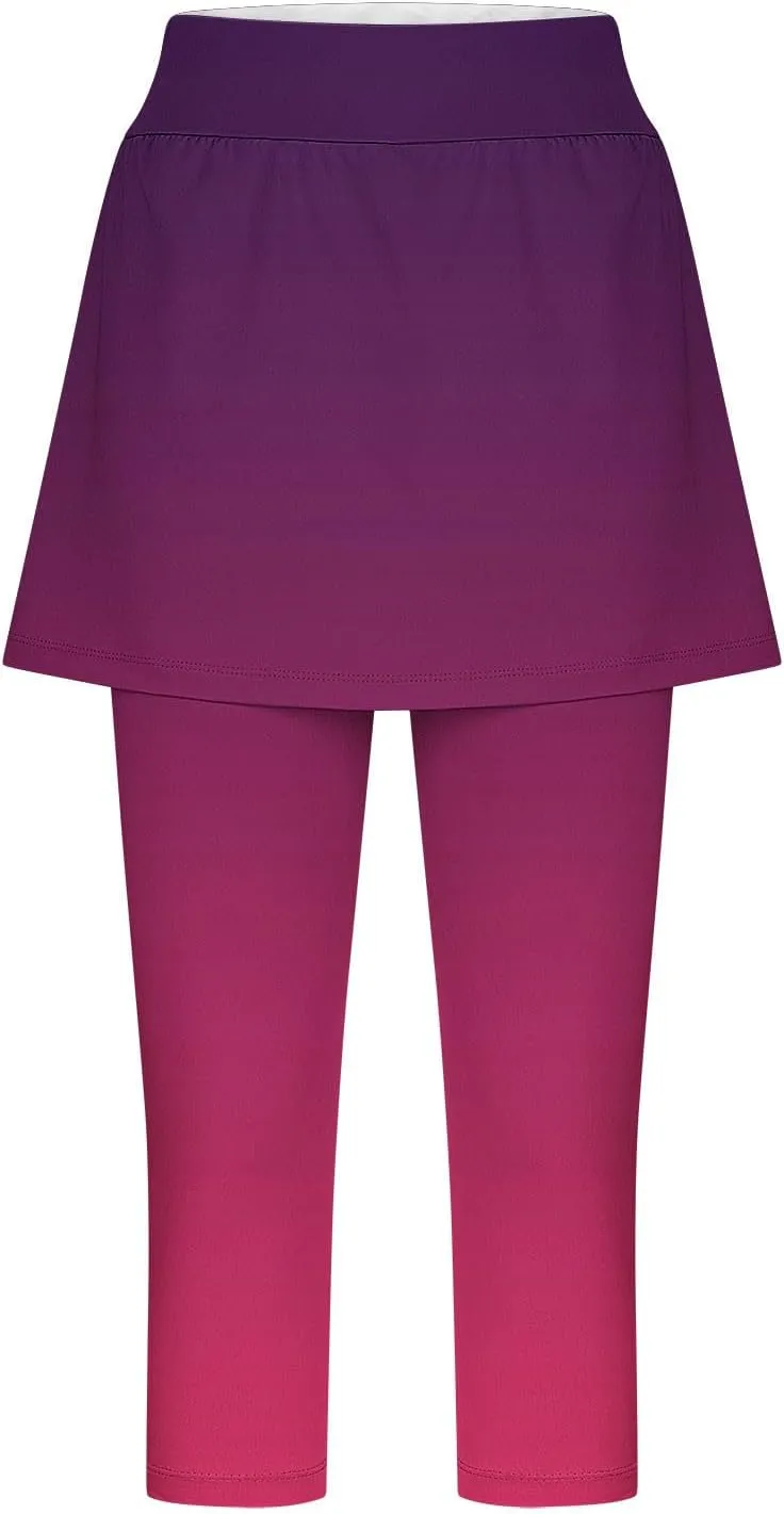 Skirted Leggings for Women Tennis Golf Skorts Capris Gym Yoga Legging with Skirts Gradient Color Workout Capri Pants