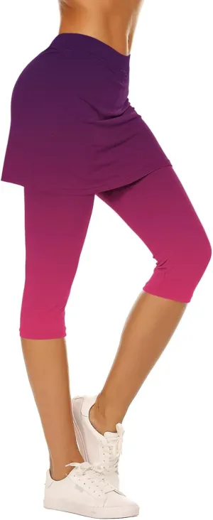 Skirted Leggings for Women Tennis Golf Skorts Capris Gym Yoga Legging with Skirts Gradient Color Workout Capri Pants