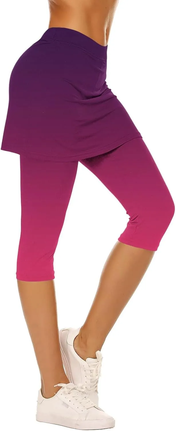 Skirted Leggings for Women Tennis Golf Skorts Capris Gym Yoga Legging with Skirts Gradient Color Workout Capri Pants