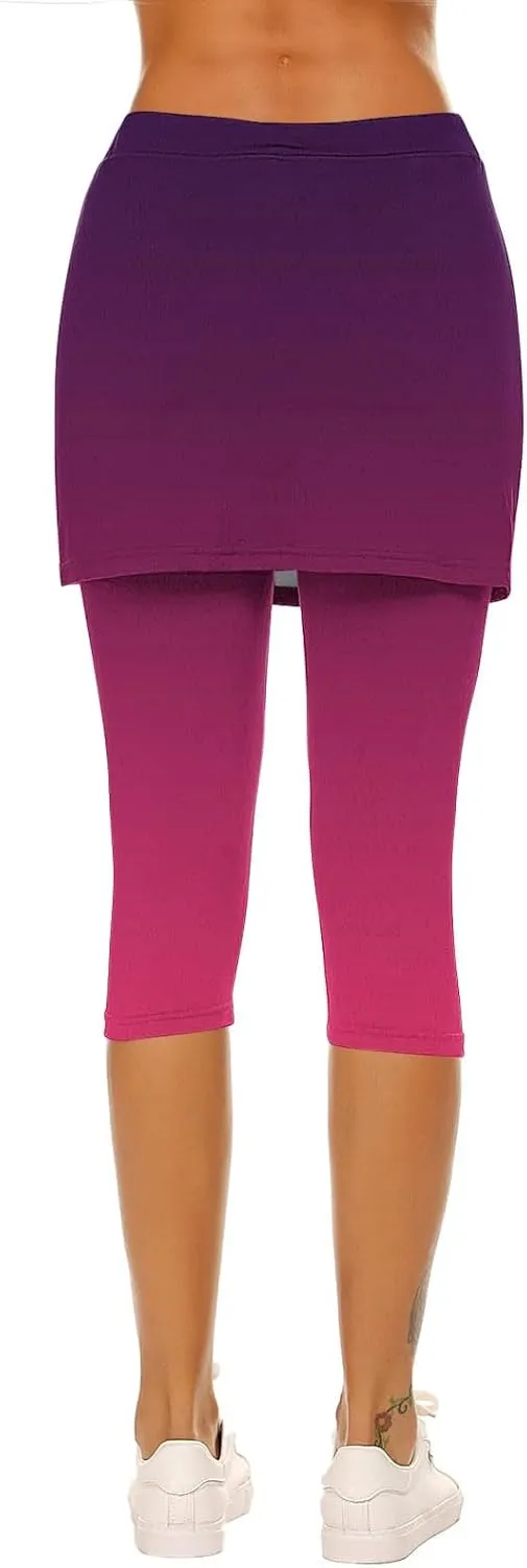 Skirted Leggings for Women Tennis Golf Skorts Capris Gym Yoga Legging with Skirts Gradient Color Workout Capri Pants