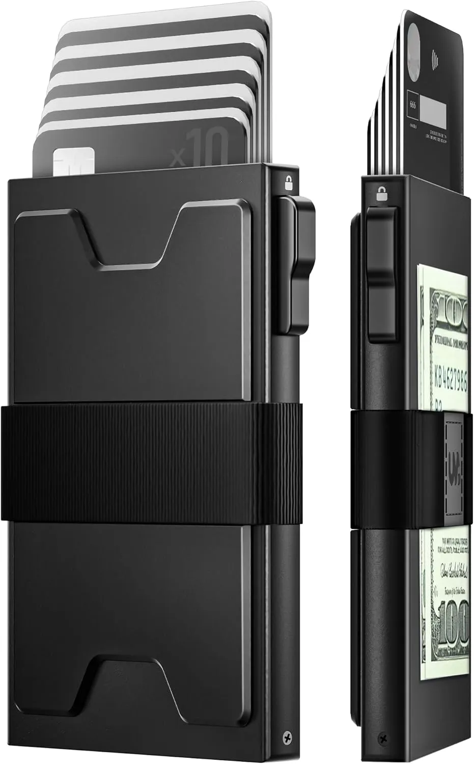 Slim Card Holder Wallet for Men, RFID Blocking Minimalist Mens Wallet, Metal Pop Up Wallet with Cash Band (Black)