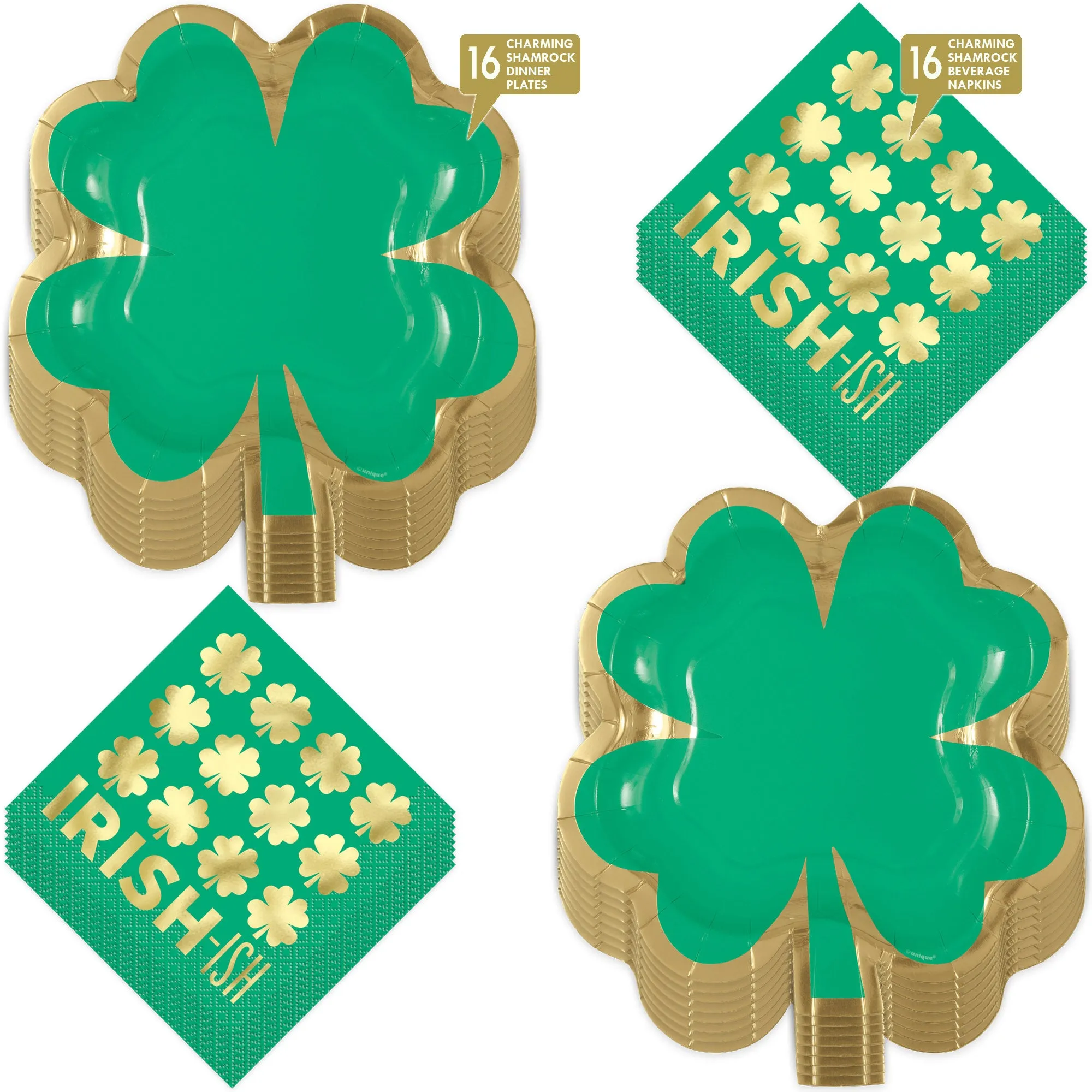 St. Patrick's Day Party Charming Green & Gold Shamrock-Shaped 8 Inch Paper Plates and Irish-ish Beverage Napkins (Serves 16)