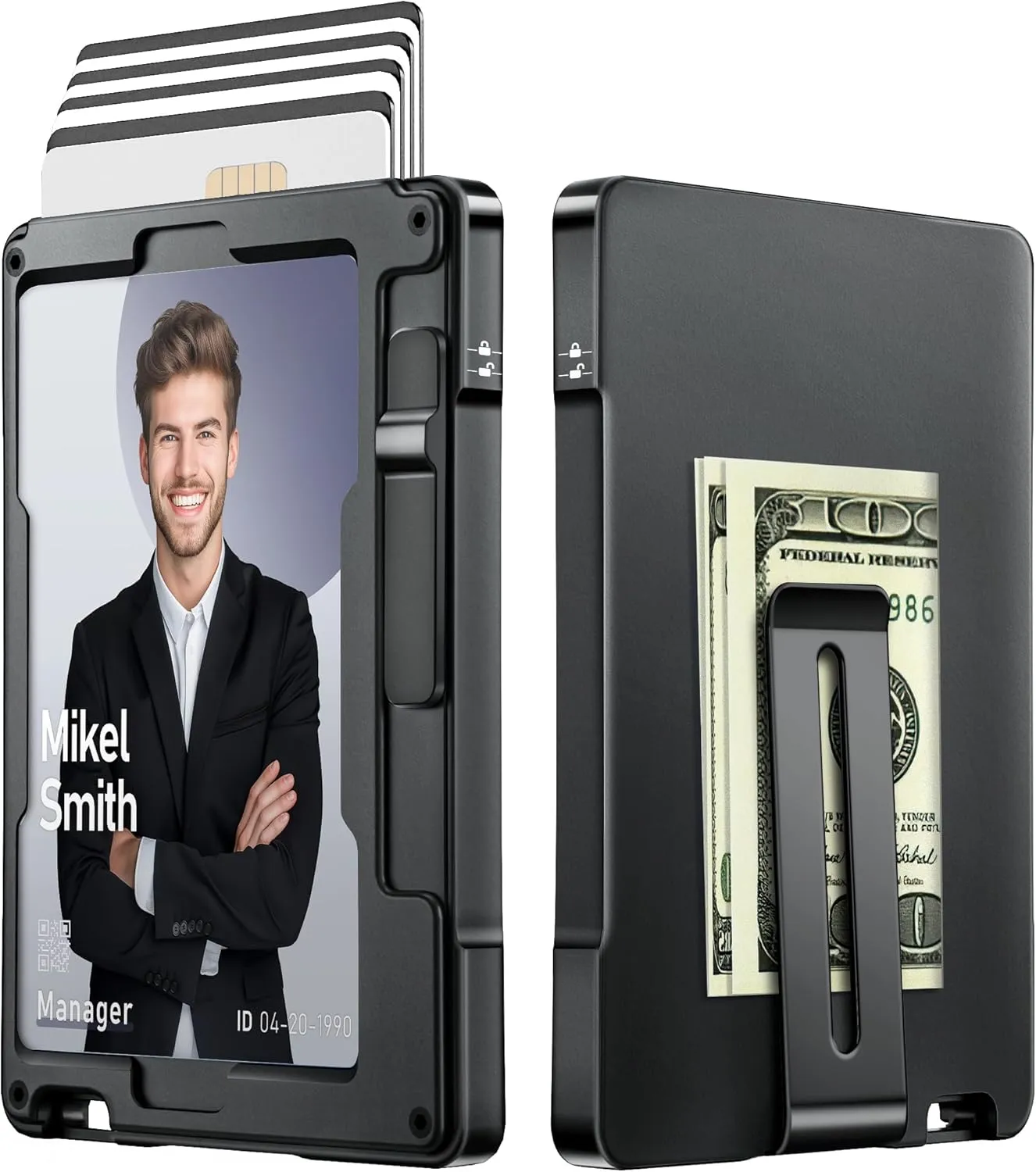 umoven Minimalist Wallet for Men, Slim Aluminum Metal Money Clip Card Holder, Pop-Up Card Case, RFID Blocking Mens Wallet with ID Window, Front Pocket Wallet for Men(Black)