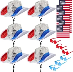 Yahenda 18 Pcs 4th of July Hat Cowboy Hat Set 6 Western Cowboy Hat 6 American Flag Bandana 6 Stars Shape Rimless Sunglasses Patriotic Accessories for Women Men Party Costume Accessories