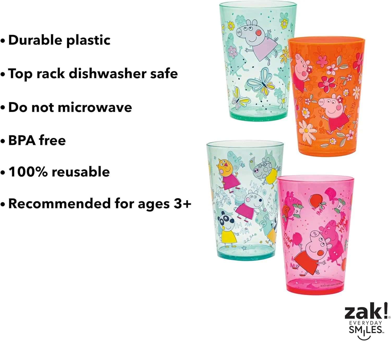 Zak Designs Peppa Pig Nesting Tumbler Set for At Home, 14.5oz Non-BPA Plastic Cups, 4-Pack (Peppa Pig and Friends)